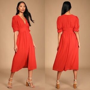 NWT Lulu’s Right Next To You Red Puff Sleeve Button-Up Midi Dress M